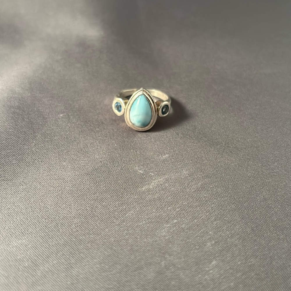 Elegant Silver, Blue Topaz and Larimar Teardrop Ring with Decorative Accents